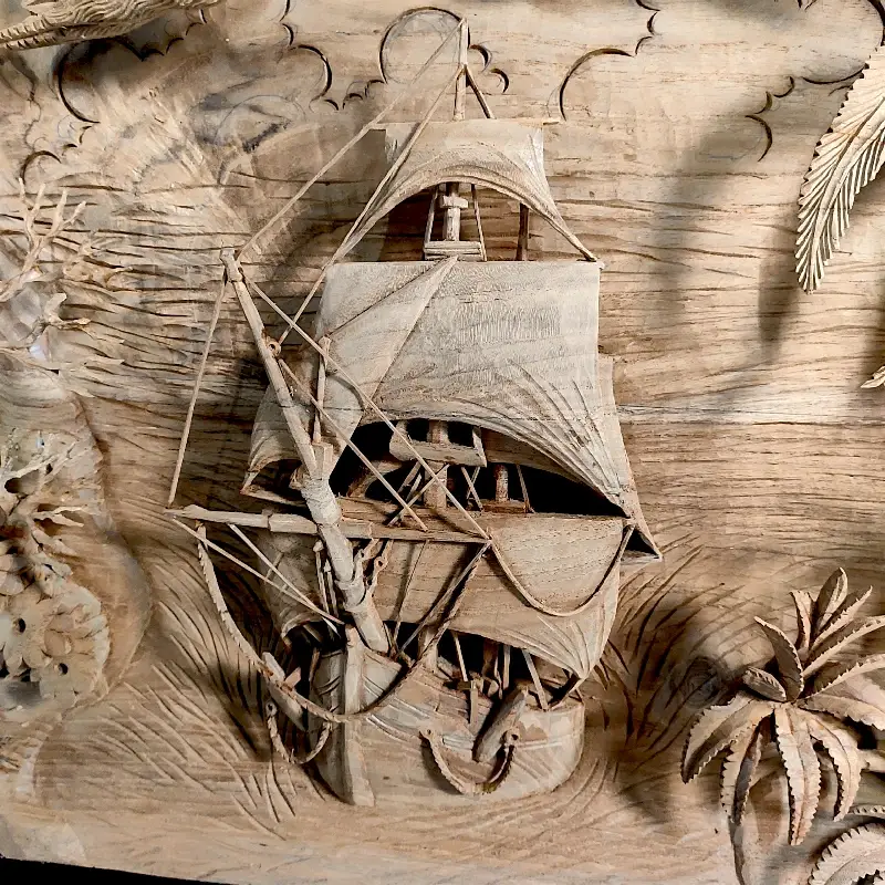 Панно Корабель у джунглях (KD-1) тікове дерево 172х66 Індонезія